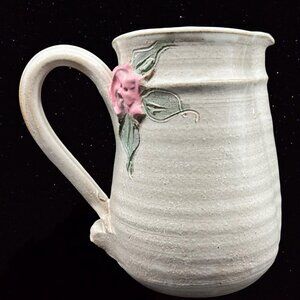 Rare Pottery Pitcher Hand Thrown Plain Ware Ringware Jug Pink Flower Vintage